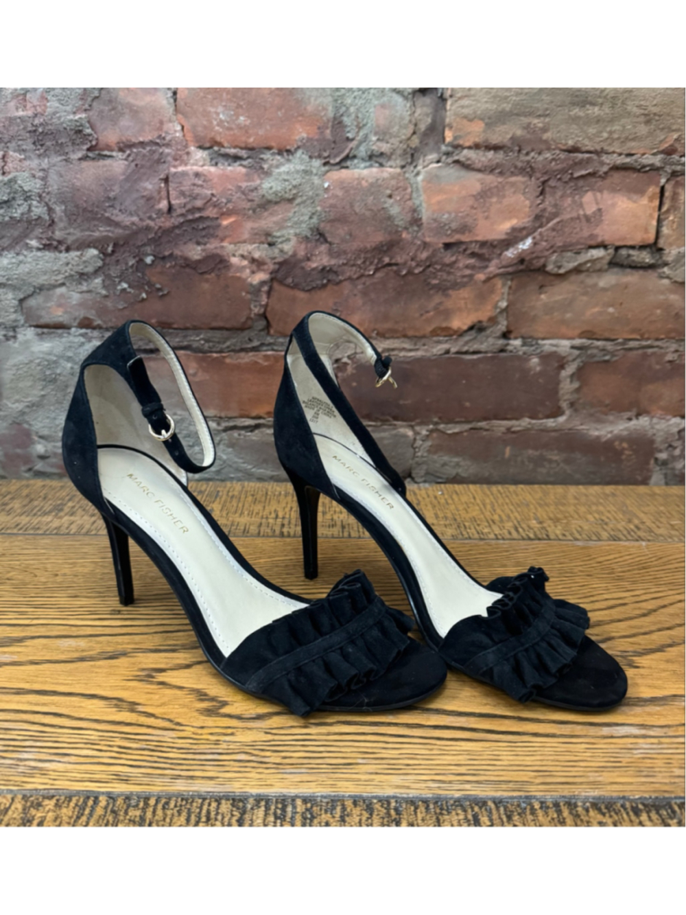 Marc Fisher Black Suede Ruffled Open Toe Ankle Strap Stiletto Heels 8